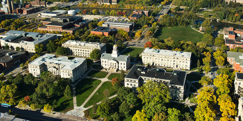 Aerial view of the main University of Iowa campus.