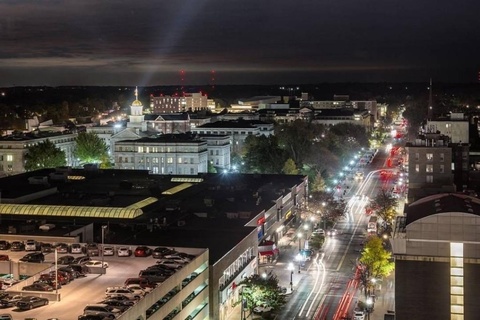 Aerial night view of the University of Iowa main campus.