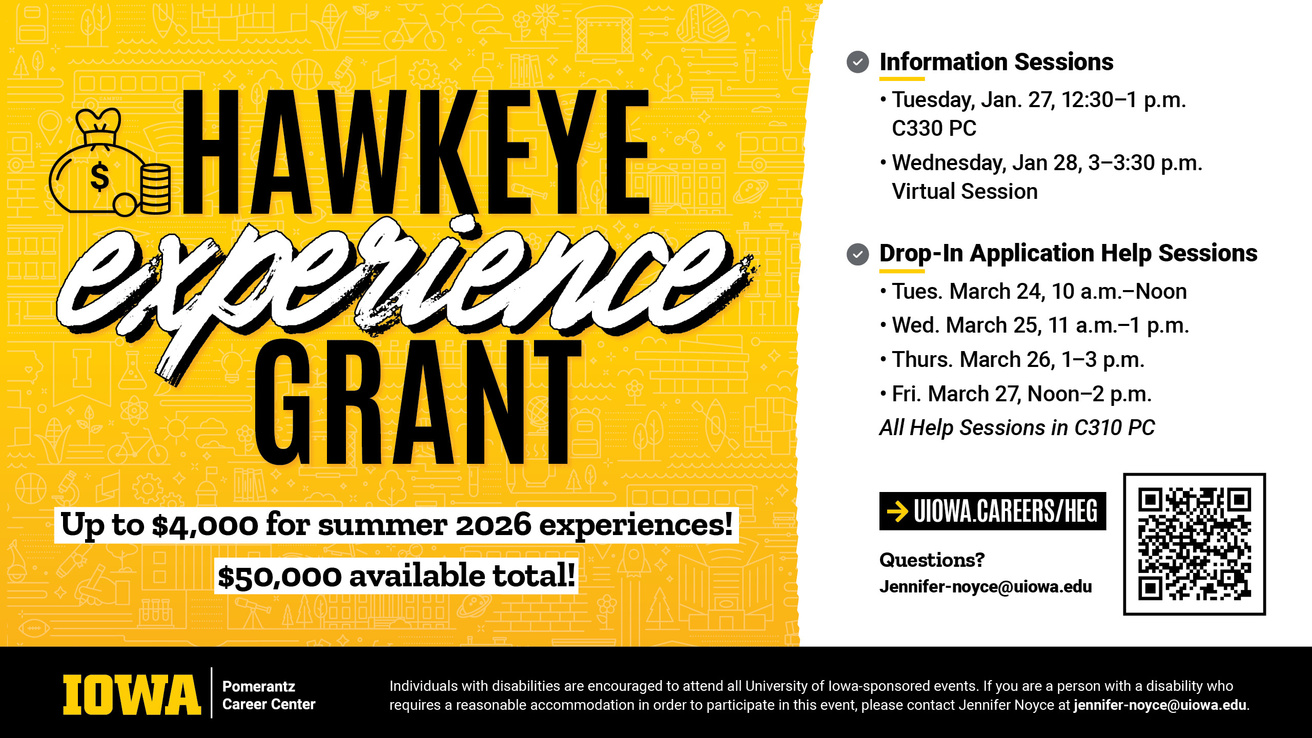 Announcement about the Hawkeye Experience Grant with info and help session dates.